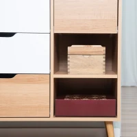 HOMCOM Buffet de salle à manger et cuisine Commode Meuble de Rangement sur Pieds avec 4 tiroirs 2 niches Style scandinave Blanc Aspect Bois Clair(m-8)