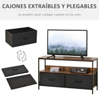 HOMCOM Mueble de TV de hasta 47" Mesa de TV Estilo Industrial con Estante y 2 Cajones de Tela Plegables para Salón Dormitorio 98x29x56 cm Marrón Rústico y Negro(m-5)