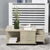 HOMCOM Mesa de Centro con Ruedas Mesa Baja de Salón con 2 Estantes Abiertos y 2 Cajones de Almacenaje 70x70x35 cm Natural(m-7)