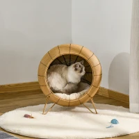 PawHut Cama de Ratán para Gatos Cueva de Mimbre para Gatos Mascotas Pequeñas con Cojín Acolchado Suave y Base Trípode Diseño Elevado Ø52x58 cm Marrón Claro(m-4)