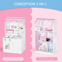 HOMCOM Cuisine Bois Jeu d'imitation - Maison de poupée Cuisine Enfant 2 en 1 - Nombreux Accessoires & rangements Inclus - MDF pin Rose Blanc(m-5)