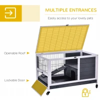 PawHut Wooden Guinea Pig Hutch, 2-Floor Bunny Cage w/ Enclosed Run Area, Grey(m-5)