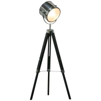 HOMCOM Industrial Style Adjustable Tripod Floor Lamp, Searchlight Lamp with Wooden Legs and Steel Lampshade, 110-155cm, Black(m-1)