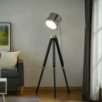 HOMCOM Industrial Style Adjustable Tripod Floor Lamp, Searchlight Lamp with Wooden Legs and Steel Lampshade, 110-155cm, Black(m-10)