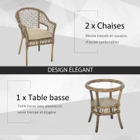 Outsunny Ensemble bistro de jardin style bohème chic 2 fauteuils avec coussins + table basse résine tressée beige(m-5)