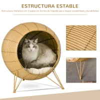 PawHut Cama de Ratán para Gatos Cueva de Mimbre para Gatos Mascotas Pequeñas con Cojín Acolchado Suave y Base Trípode Diseño Elevado Ø52x58 cm Marrón Claro(m-6)