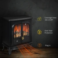 HOMCOM Electric Fireplace Stove Heater with LED Fire Flame Effect, Double Door, Freestanding & Portable with Overheat Protection, 1000W/2000W, Black(m-6)