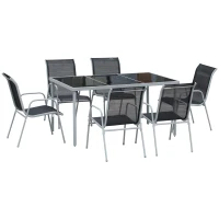 Outsunny Ensemble de jardin 6 pers. - table de jardin extérieure avec 6 chaises empilables plateau verre trempé 5 mm métal époxy gris textilène noir(m-1)