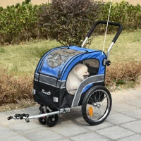 PawHut 2-in-1 Dog Bike Trailer Pet Cart Carrier Stroller for Bicycle with 360° Rotatable Front Wheel, Reflectors, Weather Resistant Canopy, Hitch Coupler, Flag, Blue(m-10)