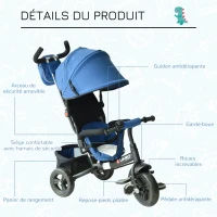 HOMCOM Tricycle Enfants évolutif Canne et Pare-Soleil Pliable Amovible Sacoche et Panier 102 x 49l x 102 cm Acier Bleu(m-7)