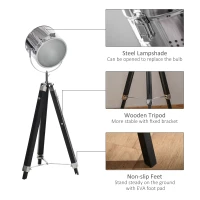 HOMCOM Industrial Style Adjustable Tripod Floor Lamp, Searchlight Lamp with Wooden Legs and Steel Lampshade, 110-155cm, Black(m-7)