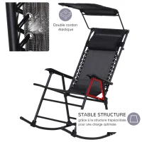 Outsunny Fauteuil à Bascule Rocking Chair Pliable de Jardin dim. 105L x 64l x 125H cm tétière + Pare-Soleil Inclus Acier époxy textilène Noir(m-6)