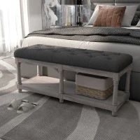 HOMCOM 2-Tier Bed End Bench, Vintage Stool, Wooden Window Seat with Storage Shelf, Button Tufted Upholstered Footstool for Living Room, Bedroom, Entryway, Grey(m-10)