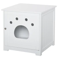 PawHut Casa para Gatos de Madera Mueble Arenero Gatos con Puerta y Entrada en Forma de Garra Cueva de Gatos para Descanso 48x51x51 cm Blanco(m-1)
