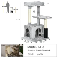 PawHut Cat Tree for Indoor Cats Climbing Tower Kitten Scratch Post Activity Center Kitten with Massage Toy Hanging Ball Bed Condo Perch 48 x 48 x 85cm Grey(m-3)