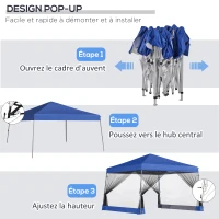 Outsunny Tonnelle 3 x 3 m barnum automatique pop-up 4 moustiquaires amovibles 2 zippées bleu(m-5)
