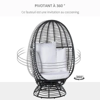 Outsunny Fauteuil rond de jardin fauteuil cocon pivotant grand confort coussins inclus polyester blanc résine tressée noire(m-4)