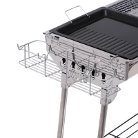 Outsunny Barbecue à Charbon Pliable Portable BBQ Grill sur Pied avec étagères + Grille + Plaque Cuisson dim. 104L x 33l x 70H cm Acier INOX.(m-8)