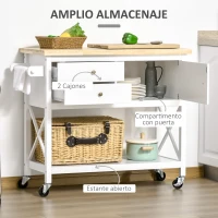 HOMCOM Carrito Auxiliar con Ruedas Carro de Cocina Carro Multiusos con 2 Cajones Puerta Estante Inferior 108x45x89 cm Blanco(m-4)