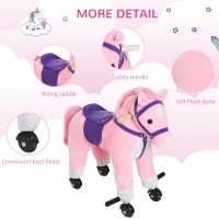 HOMCOM Rocking Horse Kids Ride on Walking Horse Animal Pony Wheeled Riding Plush Toy w/Sound for 3 Years and Up (Pink)(m-7)
