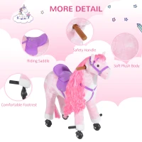 HOMCOM Plush Walking Horse Ride On Toy with Wheels and Realistic Sounds Rocking Horse for Girls Boys 3+ Years Old, 50cm Tall, Pink(m-4)