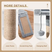 PawHut Cat Tree Tower for Indoor Cats 142cm Climbing Kitten Activity Center with Jute Scratching Post  Board Perch Roomy Condo Removable Felt Hanging Toy, Grey(m-5)