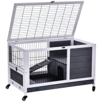 PawHut Wooden Guinea Pig Hutch, 2-Floor Bunny Cage w/ Enclosed Run Area, Grey(m-1)