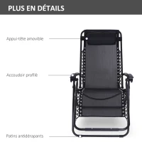 Outsunny Chaise Longue Pliable de Jardin zéro gravité tétière Acier textilène imperméable Noir(m-7)