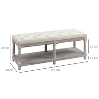 HOMCOM 2-Tier Bed End Bench, Vintage Stool, Wooden Window Seat with Storage Shelf, Button Tufted Upholstered Footstool for Living Room, Bedroom, Entryway, Cream White(m-3)