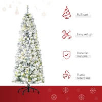HOMCOM 6FT Prelit Artificial Snow Flocked Christmas Tree with Warm White LED Light, Holiday Home Xmas Decoration, Green White(m-4)