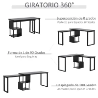 HOMCOM Mesa Escritorio en L Mesa para Oficina Giratoria 360 Grados Múltiples Formas con Estante en S de 2 Niveles Gran Espacio de Almacenaje 220x55x76 cm Negro(m-4)
