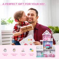 HOMCOM Kids 3 Storey Dollhouse with Furniture Accessories for Toddler Girls Aged 3-6 Years Pink(m-5)