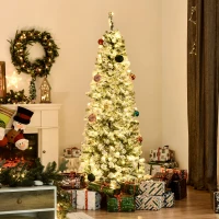 HOMCOM 6FT Prelit Artificial Snow Flocked Christmas Tree with Warm White LED Light, Holiday Home Xmas Decoration, Green White(m-9)