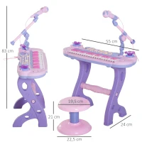 HOMCOM Piano Infantil 37 Teclas Teclado Electrónico Juego de Piano Regalo Juguete Educativo para Niños +3 Años con Micrófono Taburete Luces y 22 Canciones USB/MP3 Karaoke Rosa(m-3)