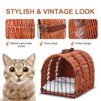 PawHut Wicker Cat Carrier Basket Kitten Bed Portable Pet Caves Houses w/ Soft Cushion 37 x 29 x 28 cm Orange(m-4)