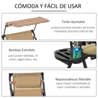 Outsunny Silla Mecedora de Jardín Plegable Tumbona Reclinable con Techo Protección Solar Reposacabezas Extraíble y Reposapiés Estructura de Acero 120x67x102 cm Beige(m-8)