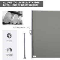 Outsunny Store latéral brise-vue rétractable 300 x 180 cm, paravent extérieur en aluminium, protection solaire, brise-vue extensible pour balcon, jardin, terrasse, gris(m-5)
