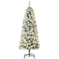 HOMCOM 5FT Prelit Artificial Snow Flocked Christmas Tree with Warm White LED Light, Holiday Home Xmas Decoration, Green White(m-1)