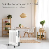 HOMCOM 2500W Oil Filled Radiator, 11 Fin, Portable Electric Heater with 3 Heat Settings, Safety Cut-Off and Wheels, White(m-7)