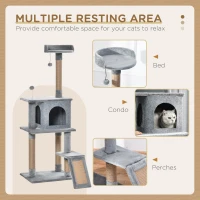 PawHut Cat Tree Tower for Indoor Cats 142cm Climbing Kitten Activity Center with Jute Scratching Post  Board Perch Roomy Condo Removable Felt Hanging Toy, Grey(m-4)