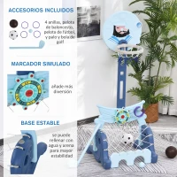 HOMCOM Canasta de Baloncesto con Soporte 4 en 1 Juego de Golf Balón de Fútbol con Altura Ajustable Centro de Actividades para Niños de +3 Años 58x56x154 cm Azul(m-4)