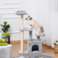 PawHut Cat Tree Tower for Indoor Cats 114cm Climbing Activity Centre Kitten with Sisal Scratching Post Perch Hanging Ball Condo Toy Light Grey(m-9)