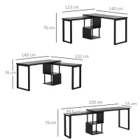 HOMCOM Mesa Escritorio en L Mesa para Oficina Giratoria 360 Grados Múltiples Formas con Estante en S de 2 Niveles Gran Espacio de Almacenaje 220x55x76 cm Negro(m-3)