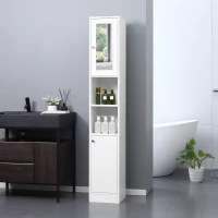 kleankin Armario Alto para Baño con Espejo Mueble Columna de Baño Madera con 2 Estantes Abiertos 2 Puertas y Baldas Interiores Ajustables 30x28x180 cm Blanco(m-7)