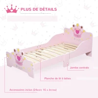 HOMCOM Lit Enfant - lit d'enfant Design Princesse Motif Couronne - sommier à Lattes Inclus - MDF Contre-plaqué Rose(m-4)