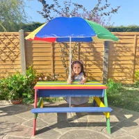 Outsunny Kids Picnic Table Set Wooden Bench Rainbow with Sandbox Removable & Height Adjustable Parasol Outdoor Garden Patio Backyard Beach 95 x 88.5 x 48.7cm(m-10)