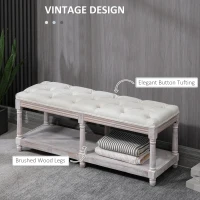 HOMCOM 2-Tier Bed End Bench, Vintage Stool, Wooden Window Seat with Storage Shelf, Button Tufted Upholstered Footstool for Living Room, Bedroom, Entryway, Cream White(m-4)