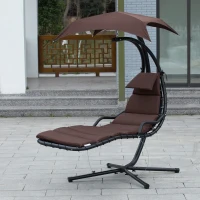 Outsunny Bain de Soleil transat Suspendu Chaise Suspendu Extérieur avec Pare-Soleil et Matelas Design Contemporain 194L x 117l x 192H cm Acier Polyester Taupe Noir(m-2)