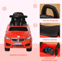 HOMCOM Coche Correpasillos para Niños de 18-36 Meses con Faros Música Bocina Volante Espacio de Almacenaje y Asa Rojo(m-6)