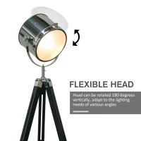 HOMCOM Industrial Style Adjustable Tripod Floor Lamp, Searchlight Lamp with Wooden Legs and Steel Lampshade, 110-155cm, Black(m-5)